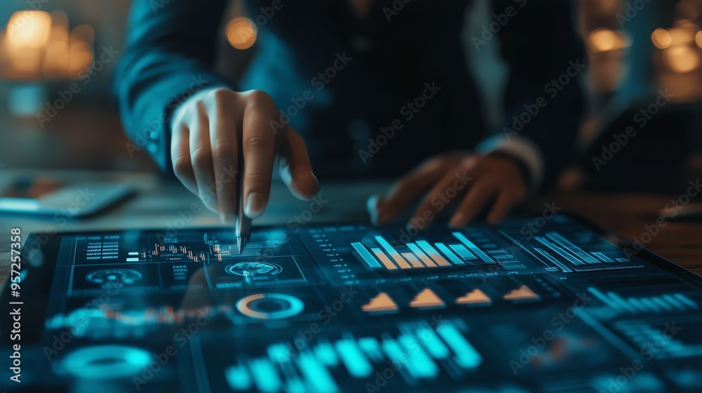Business professional analyzing data trends on a tablet screen in a modern office environment during evening hours Business professional analyzing data trends on a tablet screen in a modern office environment during evening hours