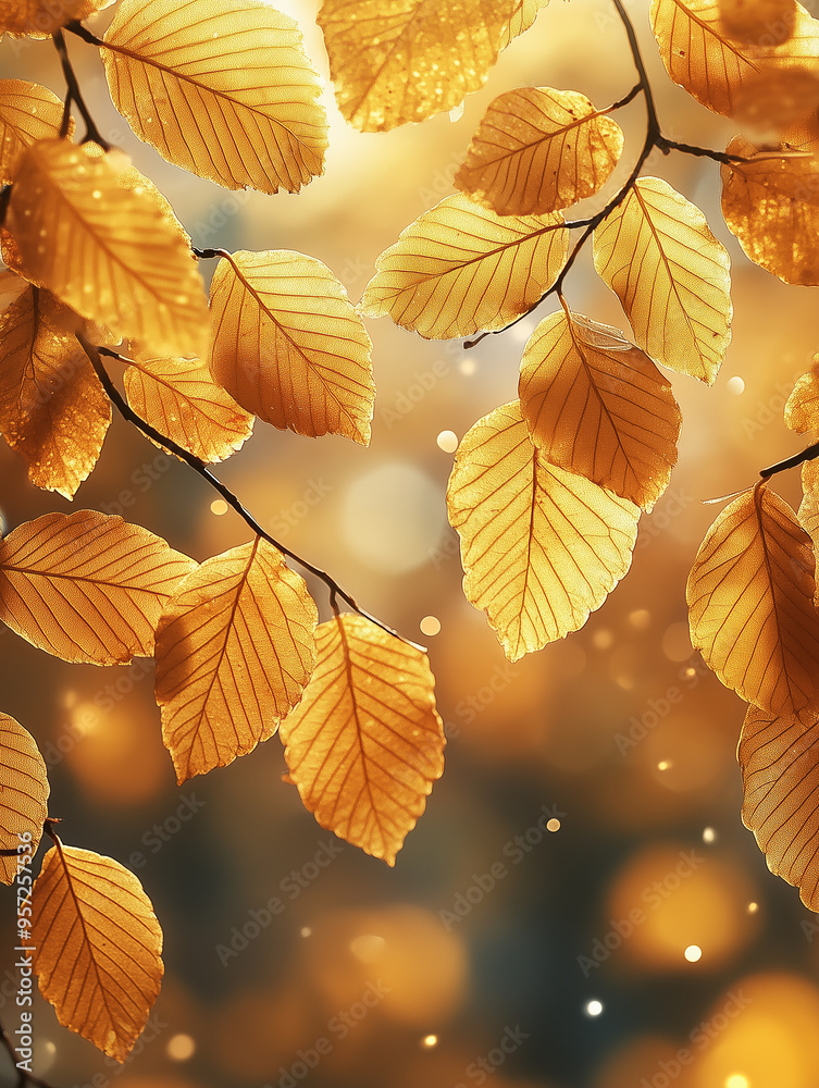 Fototapeta premium Golden leaves dangle from branches, illuminated by soft sunlight in a tranquil forest. The warm autumn ambiance creates a peaceful and picturesque setting