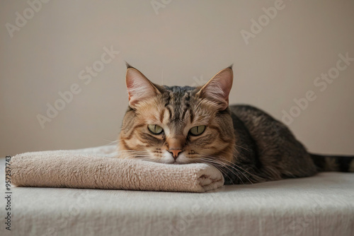 Cat lying on towel on table. Pet spa, relax, funny cute photo.