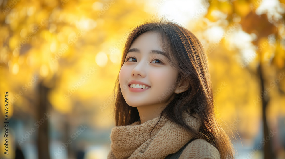 Naklejka premium Portrait of young happy smiling asian girl in autumn park, positive cheerful young woman enjoying a walk outdoors in autumn forest. Active lifestyle, good health. Enjoying outdoors.
