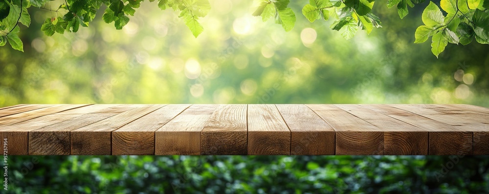 A serene wooden table surrounded by lush greenery, ideal for nature-themed backgrounds or product displays. A serene wooden table surrounded by lush greenery, ideal for nature-themed backgrounds or product displays.