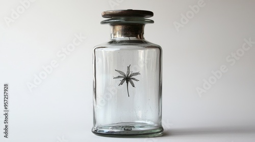 Minimalist Composition Glass Bottle with a Delicate InkDrawn Flower in the Center White Background Bottle Mockup photo