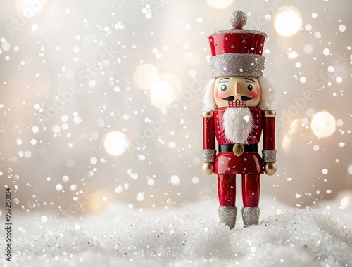 Christmas nutcracker standing on snow