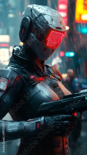 Futuristic game hero character stands confidently in a neon lit urban environment with rain soaked streets at night