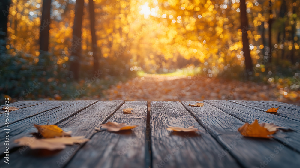 Golden autumn leaves rest on a rustic wooden surface as a sunlit forest path stretches into the background, creating a serene atmosphere. Space for product placement. Golden autumn leaves rest on a rustic wooden surface as a sunlit forest path stretches into the background, creating a serene atmosphere. Space for product placement.