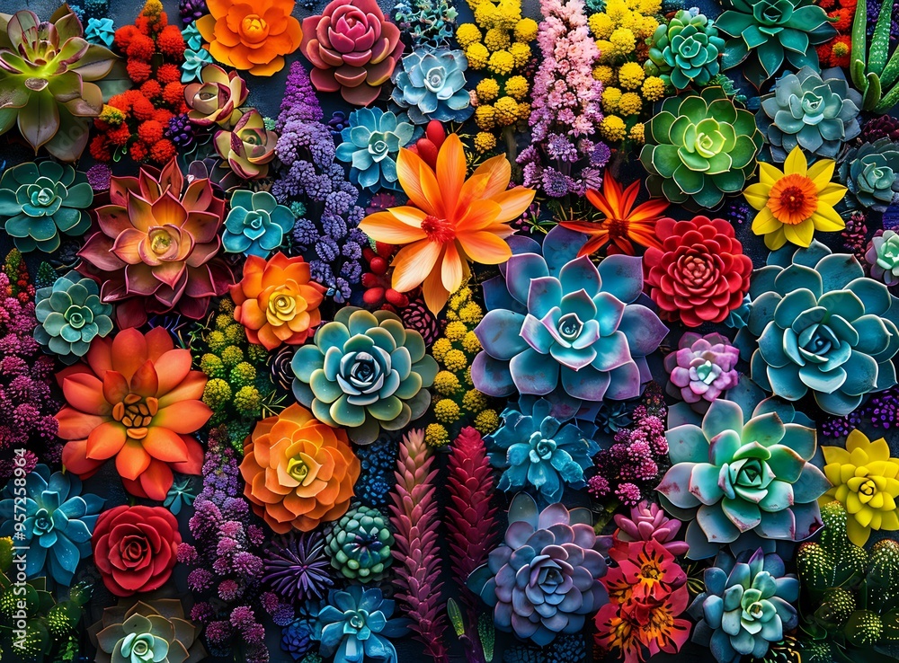 A vibrant display of colorful succulents and flowers, arranged in a stunning composition. Ideal for botanical design, home decor, gardening inspiration, or nature-themed projects. A vibrant display of colorful succulents and flowers, arranged in a stunning composition. Ideal for botanical design, home decor, gardening inspiration, or nature-themed projects.