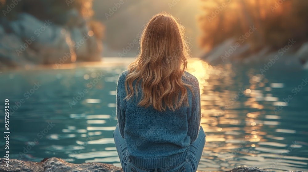 young woman wearing a casual blue sweater and jeans, sitting on the edge of a dock, her feet dangling over the water young woman wearing a casual blue sweater and jeans, sitting on the edge of a dock, her feet dangling over the water