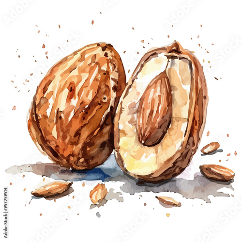 Watercolor illustration of almond, isolated on a white background, and almond vector