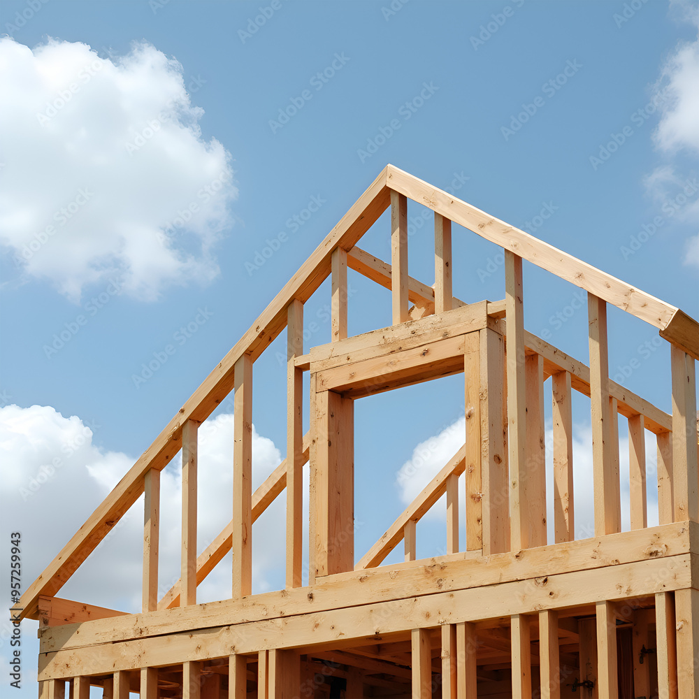 A wooden frame of a building under construction against a blue sky. It is the beginning stages of a new home or building, with the primary wooden beams and framework in place A wooden frame of a building under construction against a blue sky. It is the beginning stages of a new home or building, with the primary wooden beams and framework in place