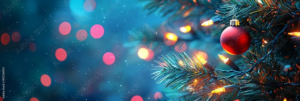 A red ornament hanging on a Christmas pine tree, surrounded by glowing lights that create a festive atmosphere. Great for holiday decorations and festive promotions. A red ornament hanging on a Christmas pine tree, surrounded by glowing lights that create a festive atmosphere. Great for holiday decorations and festive promotions.