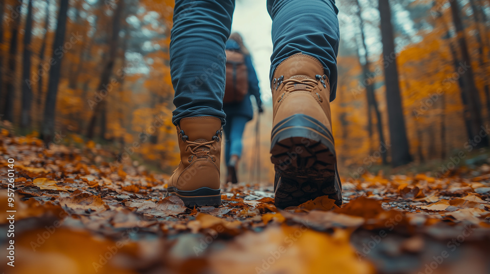 Walking through a tranquil forest trail, a hiker steps on a carpet of vibrant orange leaves, enjoying the crisp air of autumn and the beautiful scenery Walking through a tranquil forest trail, a hiker steps on a carpet of vibrant orange leaves, enjoying the crisp air of autumn and the beautiful scenery