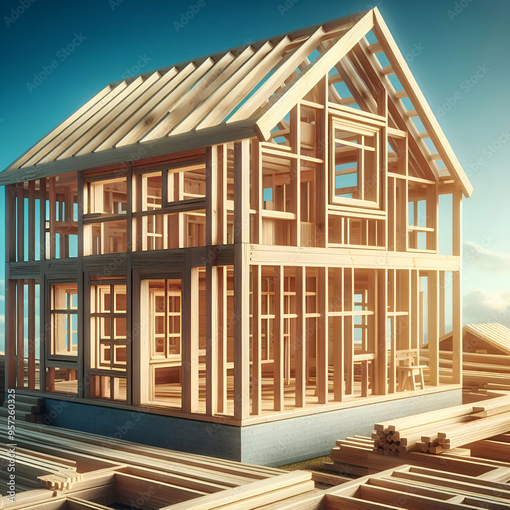 A wooden frame of a building under construction against a blue sky. It is the beginning stages of a new home or building, with the primary wooden beams and framework in place A wooden frame of a building under construction against a blue sky. It is the beginning stages of a new home or building, with the primary wooden beams and framework in place