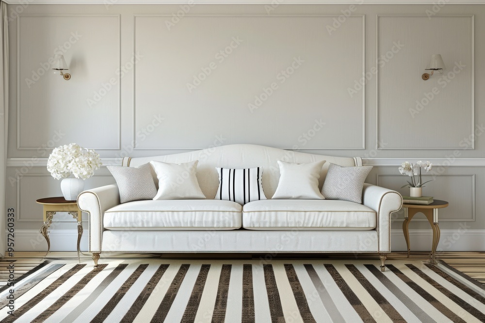 Striped Rug in Beige Living Room with Stylish Couch and Cushions Striped Rug in Beige Living Room with Stylish Couch and Cushions