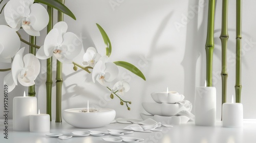 Zen-like Spa Setting with White Orchids, Candles, and Bamboo