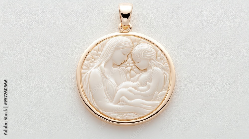 This exquisite gold pendant showcases a serene mother holding her peacefully sleeping baby in an open circular design, perfect for sentimental gift-giving This exquisite gold pendant showcases a serene mother holding her peacefully sleeping baby in an open circular design, perfect for sentimental gift-giving