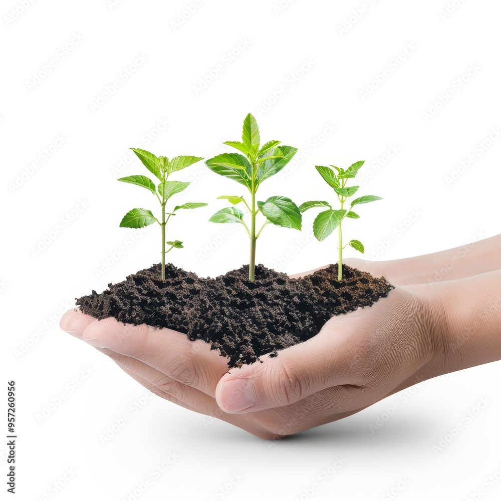 a 3D hand gently holding seedlings, care and growth, green seedlings and dark soil, isolated on white background a 3D hand gently holding seedlings, care and growth, green seedlings and dark soil, isolated on white background