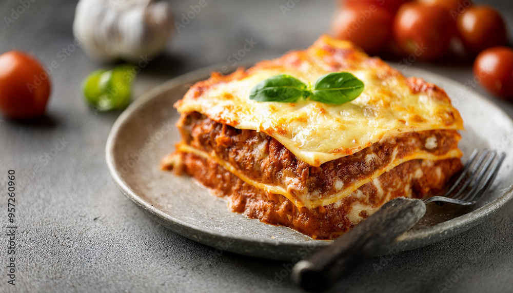 Italian lasagna with Bolognese sauce, creamy béchamel, and pasta sheets. Tasty dish. Delicious food Italian lasagna with Bolognese sauce, creamy béchamel, and pasta sheets. Tasty dish. Delicious food