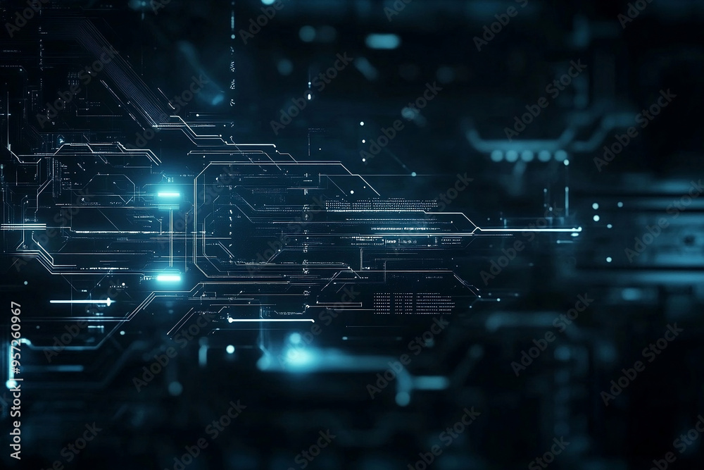 Abstract digital circuit board design with glowing blue lights emerging from intricate patterns on a dark background Abstract digital circuit board design with glowing blue lights emerging from intricate patterns on a dark background