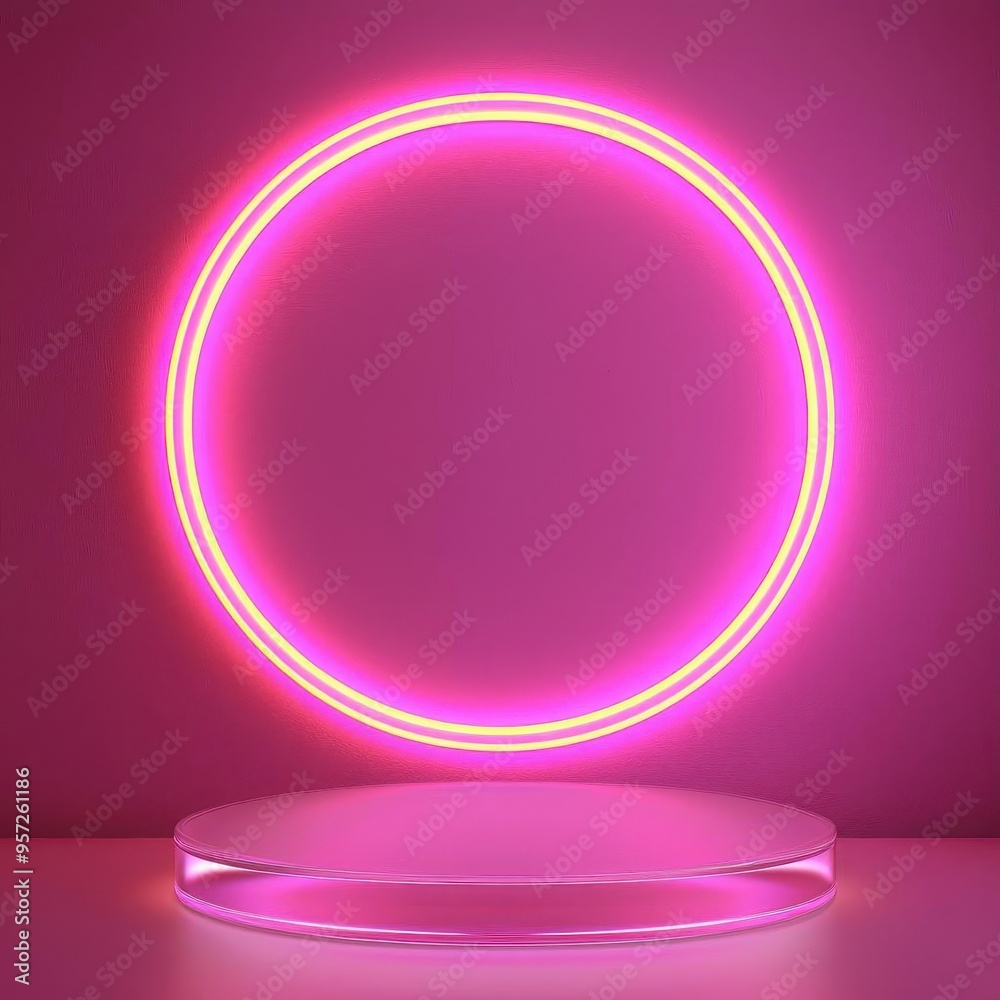 Obraz premium A vibrant pink neon circle illuminated against a dark background, creating a striking visual for modern design.