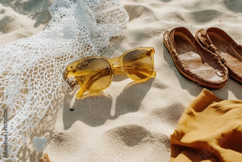 A pair of sunglasses and beach shoes on the sand, with white netting beside them photo