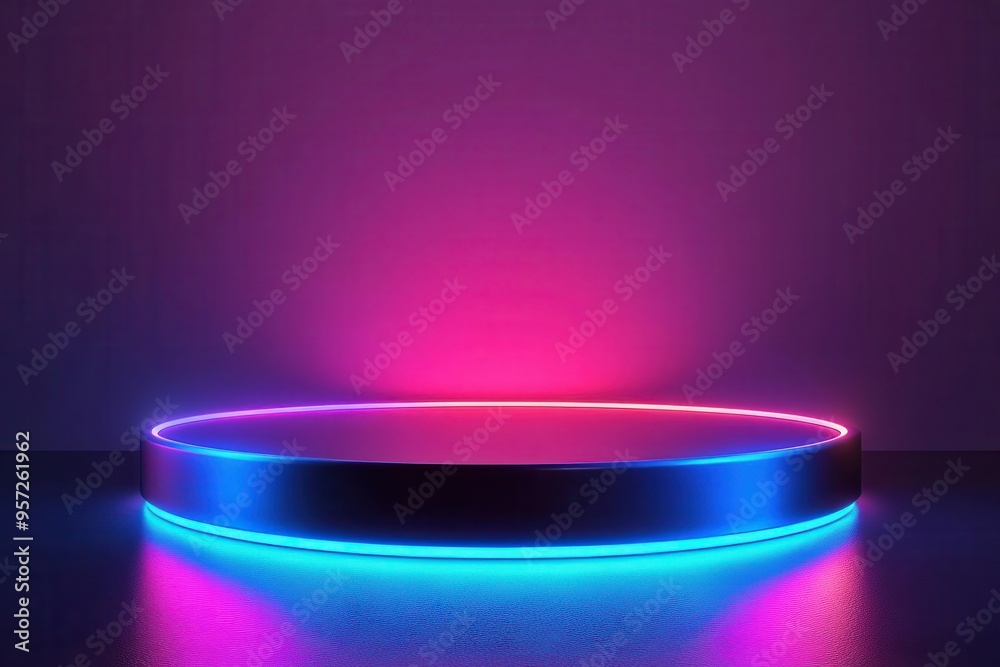 Vibrant neon light display with circular platform, perfect for showcasing products or artwork in a modern digital environment. Vibrant neon light display with circular platform, perfect for showcasing products or artwork in a modern digital environment.