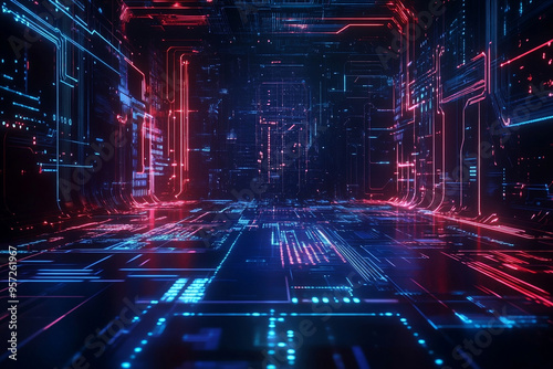 Technology Background with Red and Blue Neon Lights