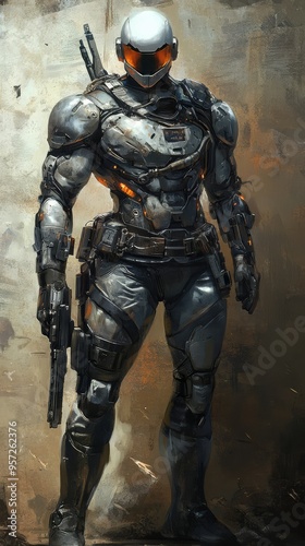 Futuristic game hero character concept with detailed armor in a dynamic pose suitable for mobile or desktop wallpaper