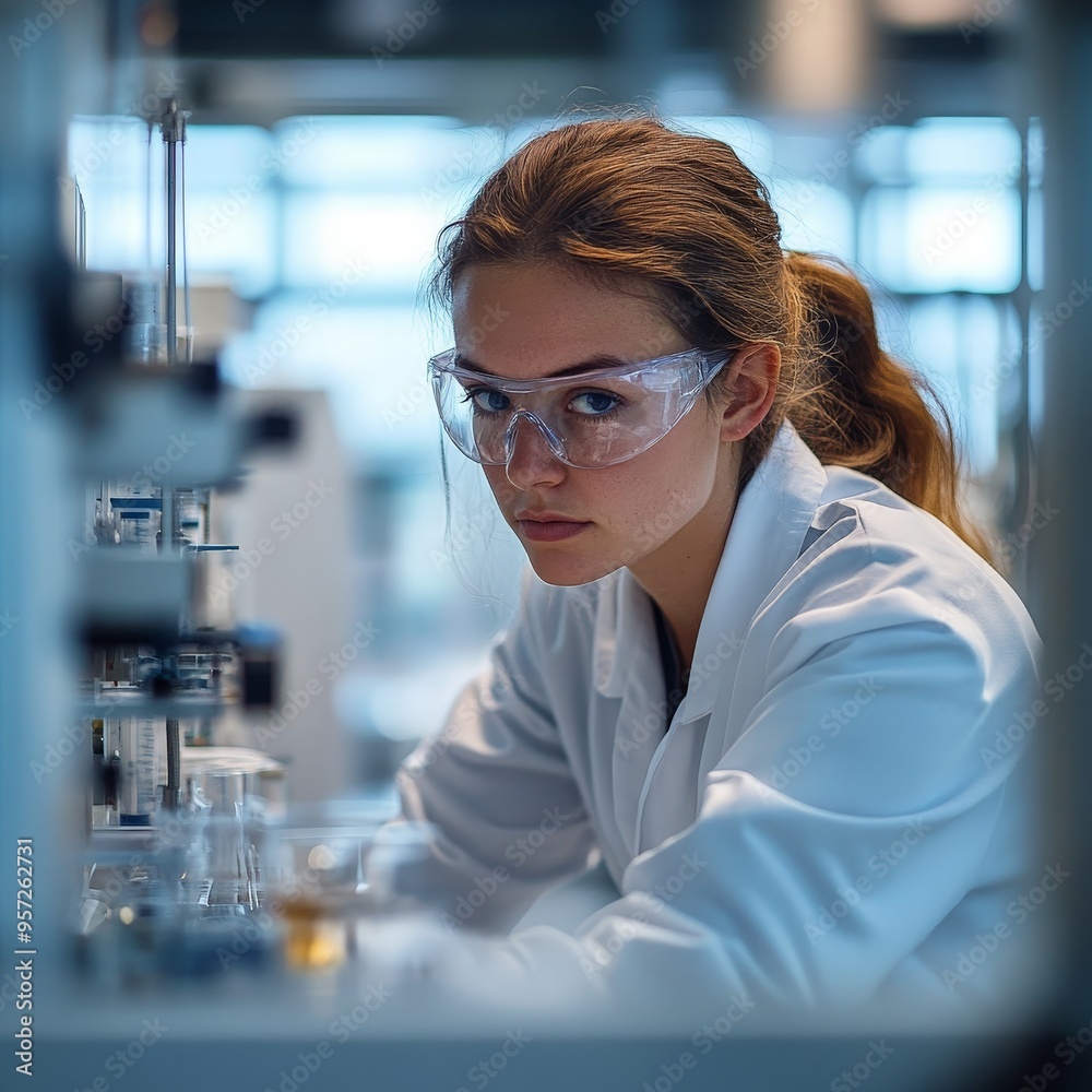 Female researcher conducting chemistry experiment in modern lab Female researcher conducting chemistry experiment in modern lab