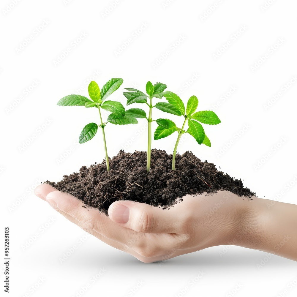 a 3D hand holding seedlings, detailed sprouts, vibrant green and brown soil, isolated on white background
