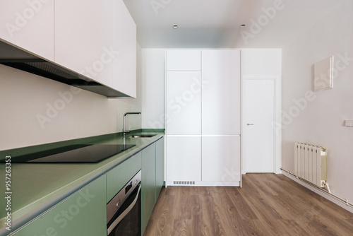 A modern kitchen with light green countertops and light pink cabinetry photo