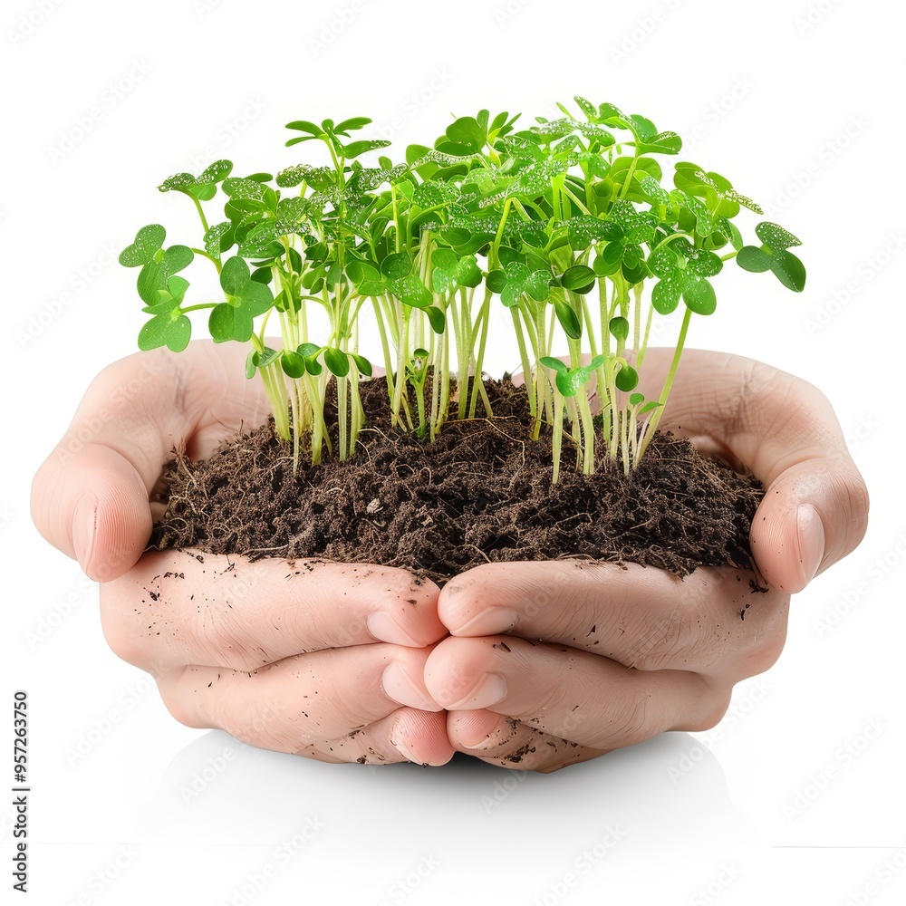 a 3D hand holding seedlings with morning dew, fresh and vibrant, green sprouts and soil, isolated on white background a 3D hand holding seedlings with morning dew, fresh and vibrant, green sprouts and soil, isolated on white background