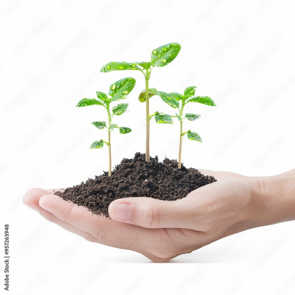 a 3D hand holding seedlings with water droplets, fresh growth, green seedlings and soil, isolated on white background a 3D hand holding seedlings with water droplets, fresh growth, green seedlings and soil, isolated on white background
