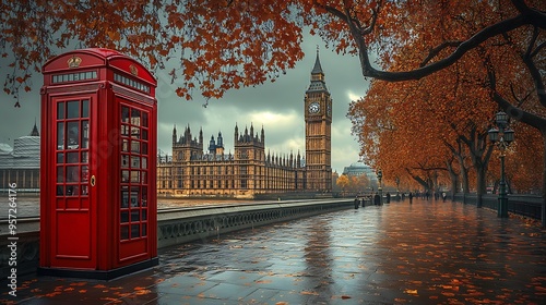 A red telephone booth stands on a wet, leaf-strewn sidewalk in front of Big Ben and the Houses of Parliament on a cloudy autumn day in London.