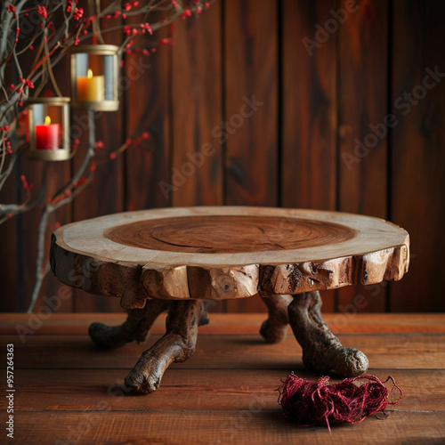 podio 3D mesa madera oriental árbol y flores chinas junto a velas fondo amaderado interior acogedor photo