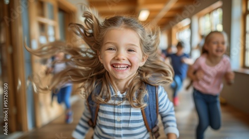 Joyful children running through a brightly lit school hallway during a fun break from class on a sunny day