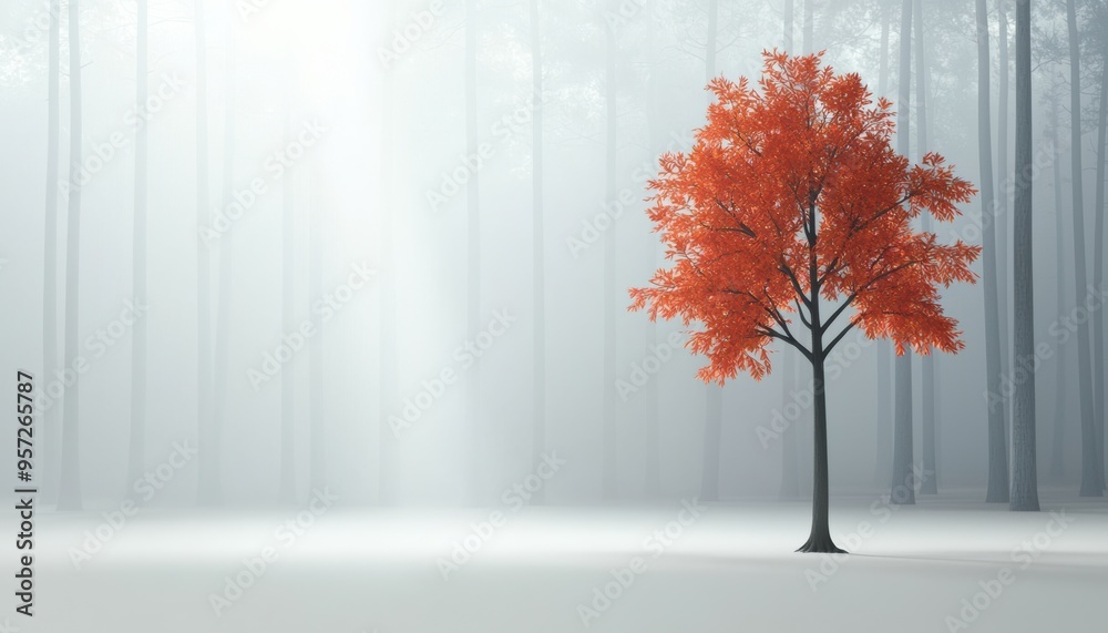 Obraz premium Solitary Red Tree in Misty Autumn Forest with Soft Sunlight Filtering Through Fog
