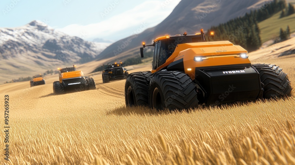 Obraz premium A harvester steadily cuts through a golden wheat field as the sun sets, casting warm tones across the landscape and highlighting the beauty of agricultural life