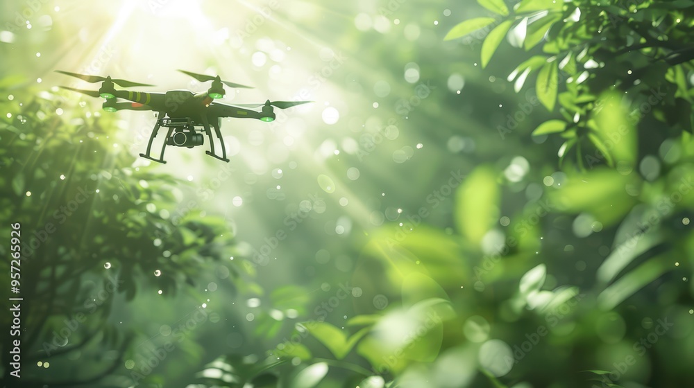 A drone flying through lush greenery, capturing stunning nature photography with sun rays filtering through leaves. A drone flying through lush greenery, capturing stunning nature photography with sun rays filtering through leaves.