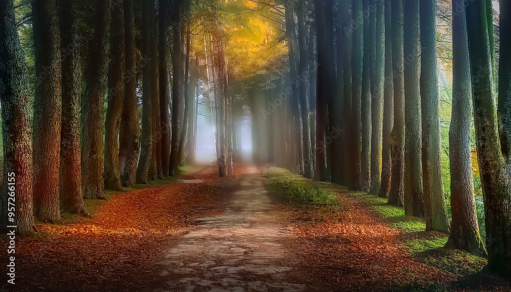 Naklejka premium Camino en medio de una bosque de pinos otoñal