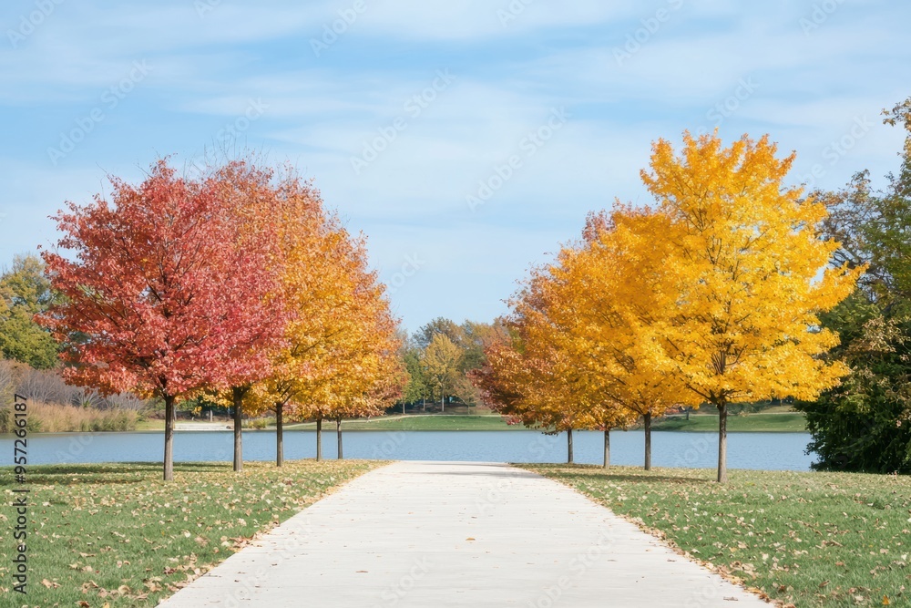 Naklejka premium Vibrant Autumn Trees Lining a Pathway by a Serene Lake Under a Clear Blue Sky