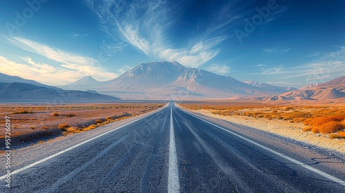 A winding road leads through a vast desert landscape toward mountains under a bright sky at dusk