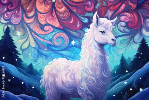 Illustration of an alpaca standing against a starry galaxy background, its wool blending into the cosmic swirls of vibrant nebulae photo