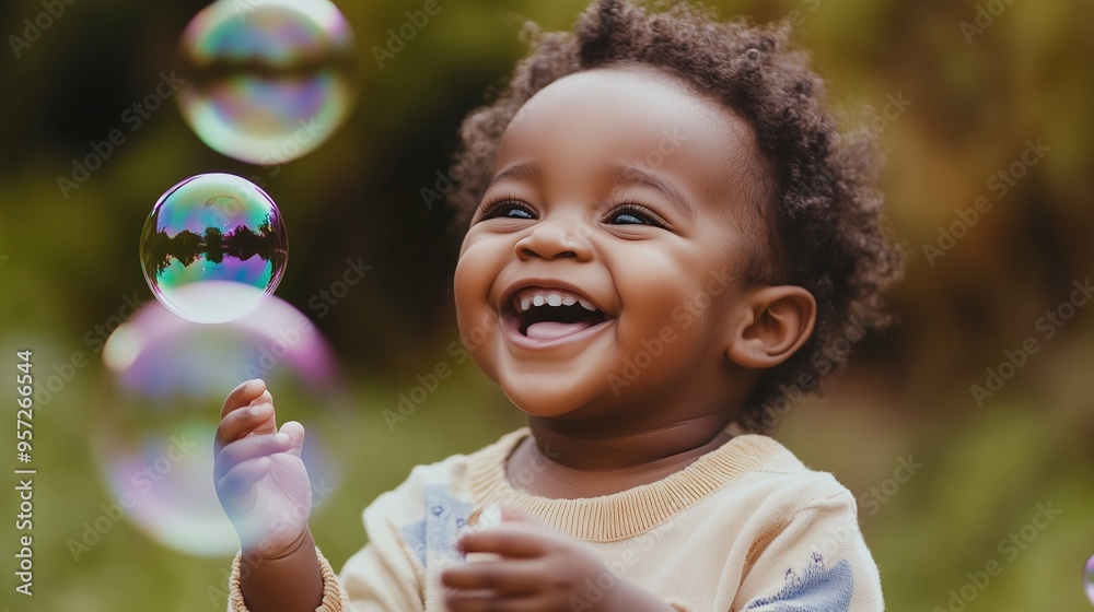 African American baby catching soap bubbles and laughing. Happy childhood, child's smile. African American baby catching soap bubbles and laughing. Happy childhood, child's smile.