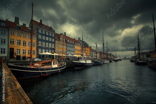 Denmark. Nyhavn, Copenhagen - Old Harbor and Cityscape Skyline