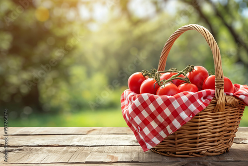 Close up of picnic basket with tomatos on wooden table against blurred summer landscape background.