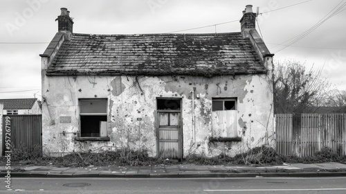 Derelict Houses and Abandoned Garage: Boarded Up Windows in Decaying Residential Street