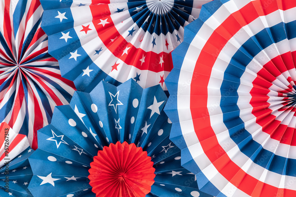 Obraz premium 4th of July background, USA Presidents Day, Independence Day, Memorial day, US election concept. Red white and blue paper fans with stars confetti. Flat lay, top view, banner