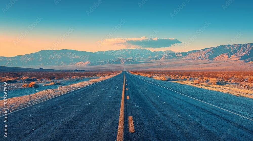 Fototapeta premium Vast open road stretching into the mountains at sunset in a tranquil desert landscape