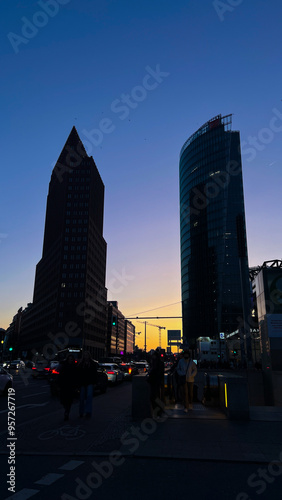 Urban Skyline at Dusk with Tall Modern Buildings