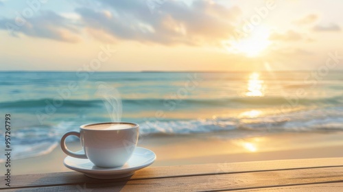 Steaming cup of coffee on a table overlooking a serene beach at sunrise The soft, golden light and gentle waves create a peaceful and inviting atmosphere